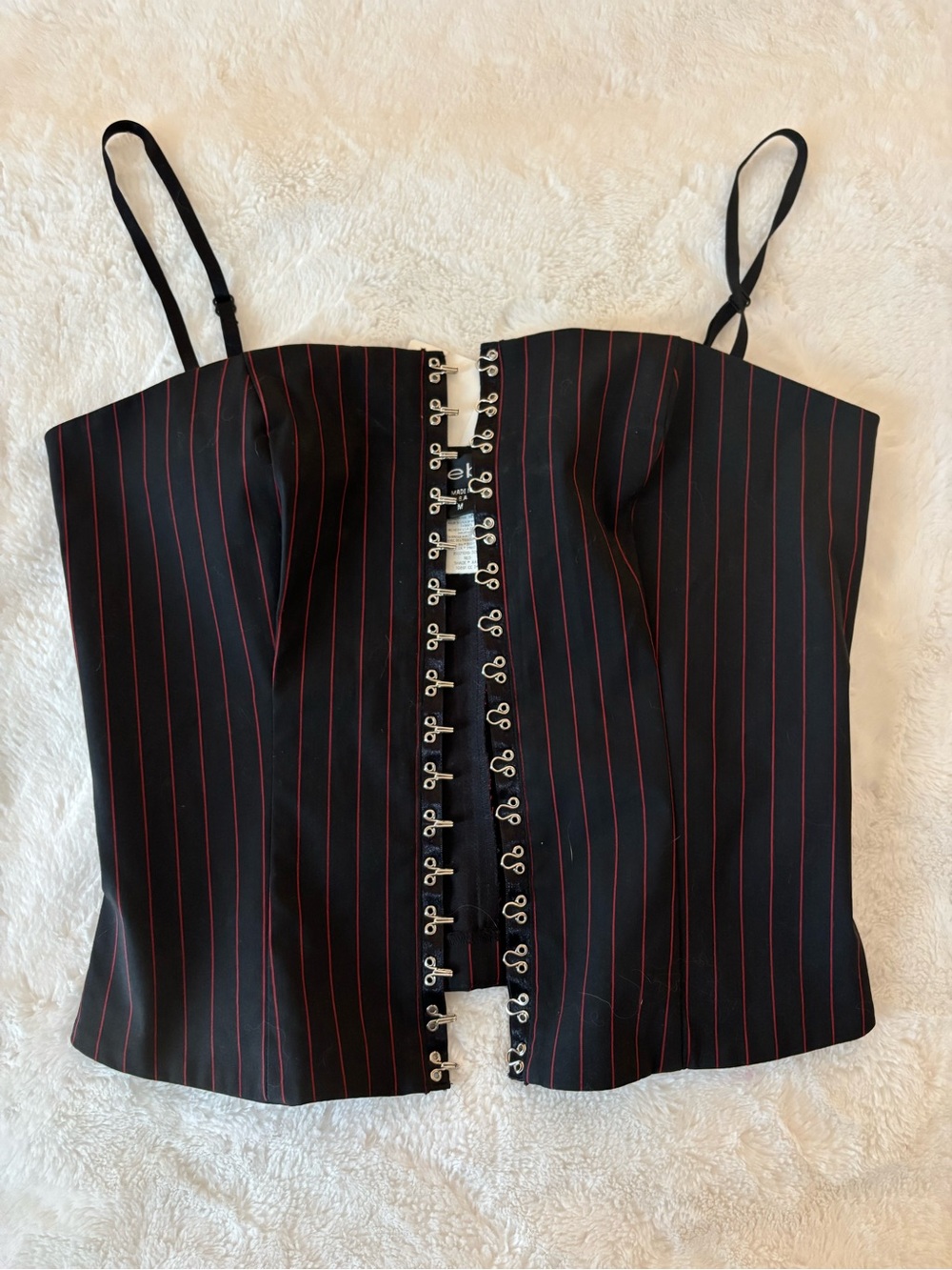 bebe Black Corset Camisole with Red Pinstripes